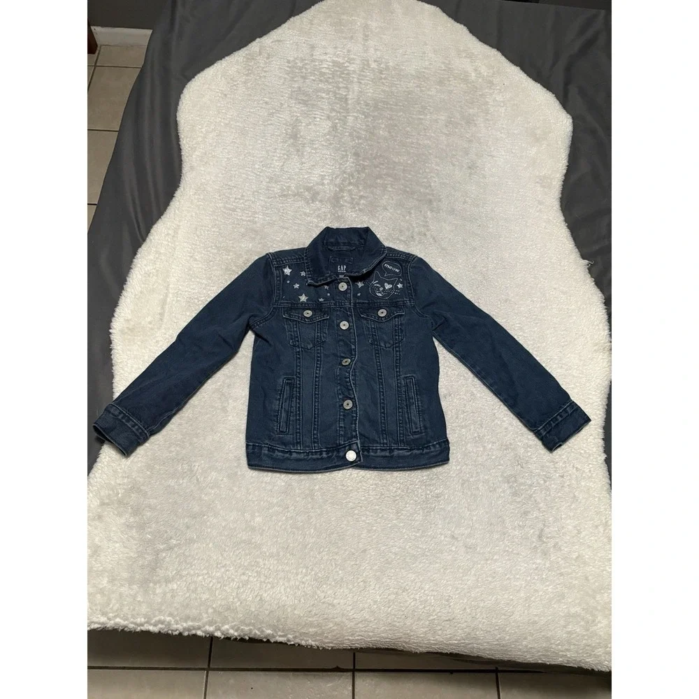 Gap Kids Girls Small Blue Denim Button Jacket Moto Kitten Cat Print